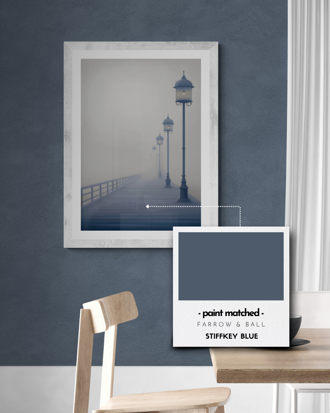 moody pier poster, misty print, stormy, weather, neutral, calming print, farrow and ball, paint matched prints, blue prints
