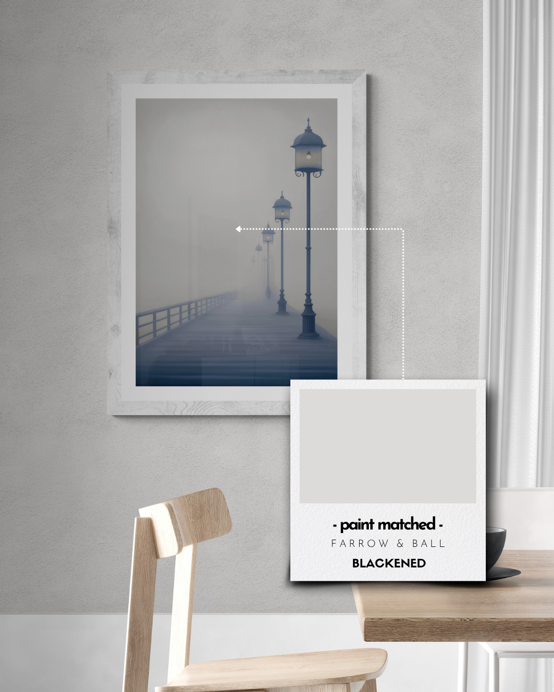 moody pier poster, misty print, stormy, weather, neutral, calming print, farrow and ball, paint matched prints, stone prints