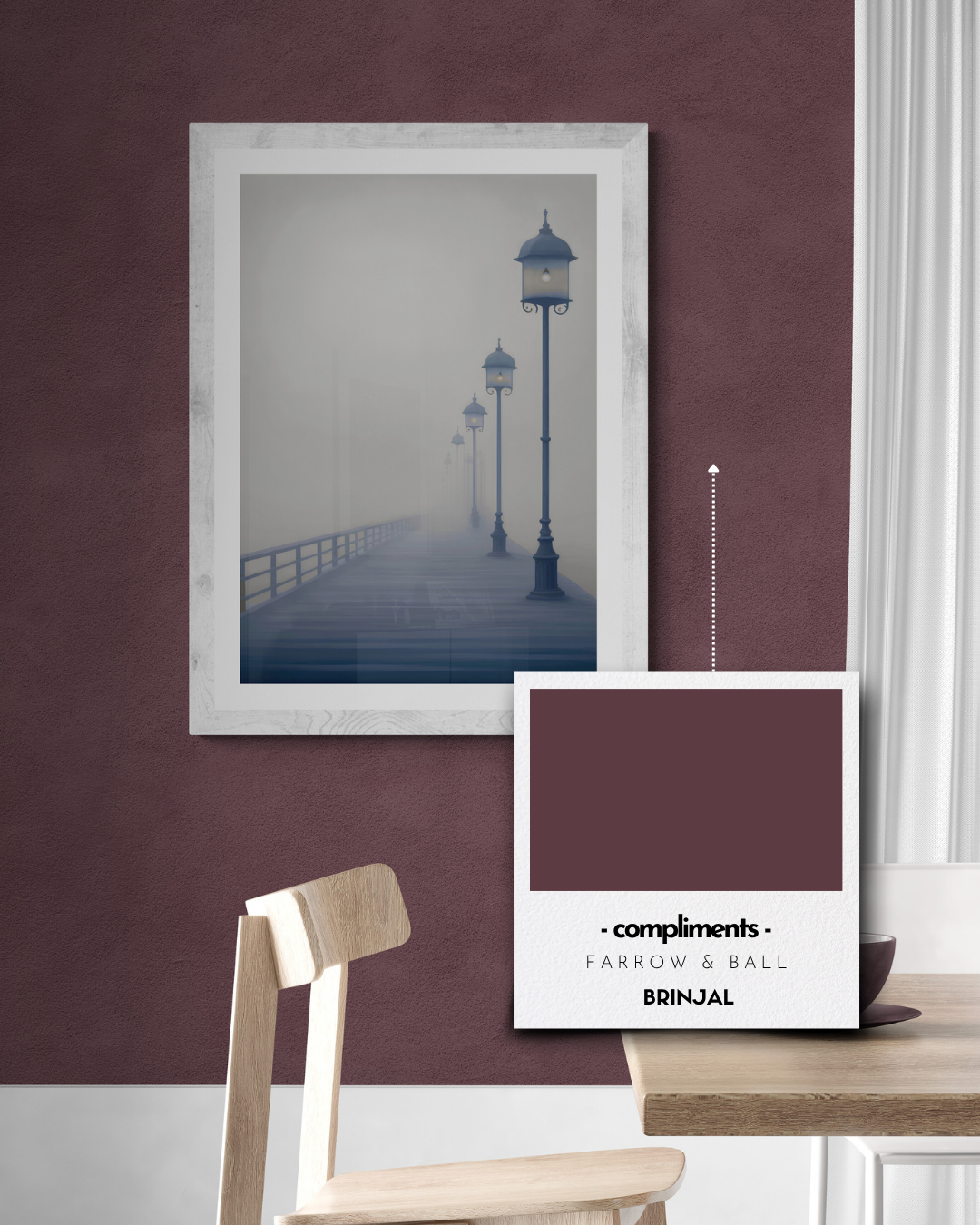 moody pier poster, misty print, stormy, weather, neutral, calming print, farrow and ball, paint matched prints, burgundy prints