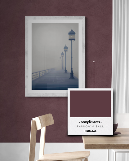 moody pier poster, misty print, stormy, weather, neutral, calming print, farrow and ball, paint matched prints, burgundy prints
