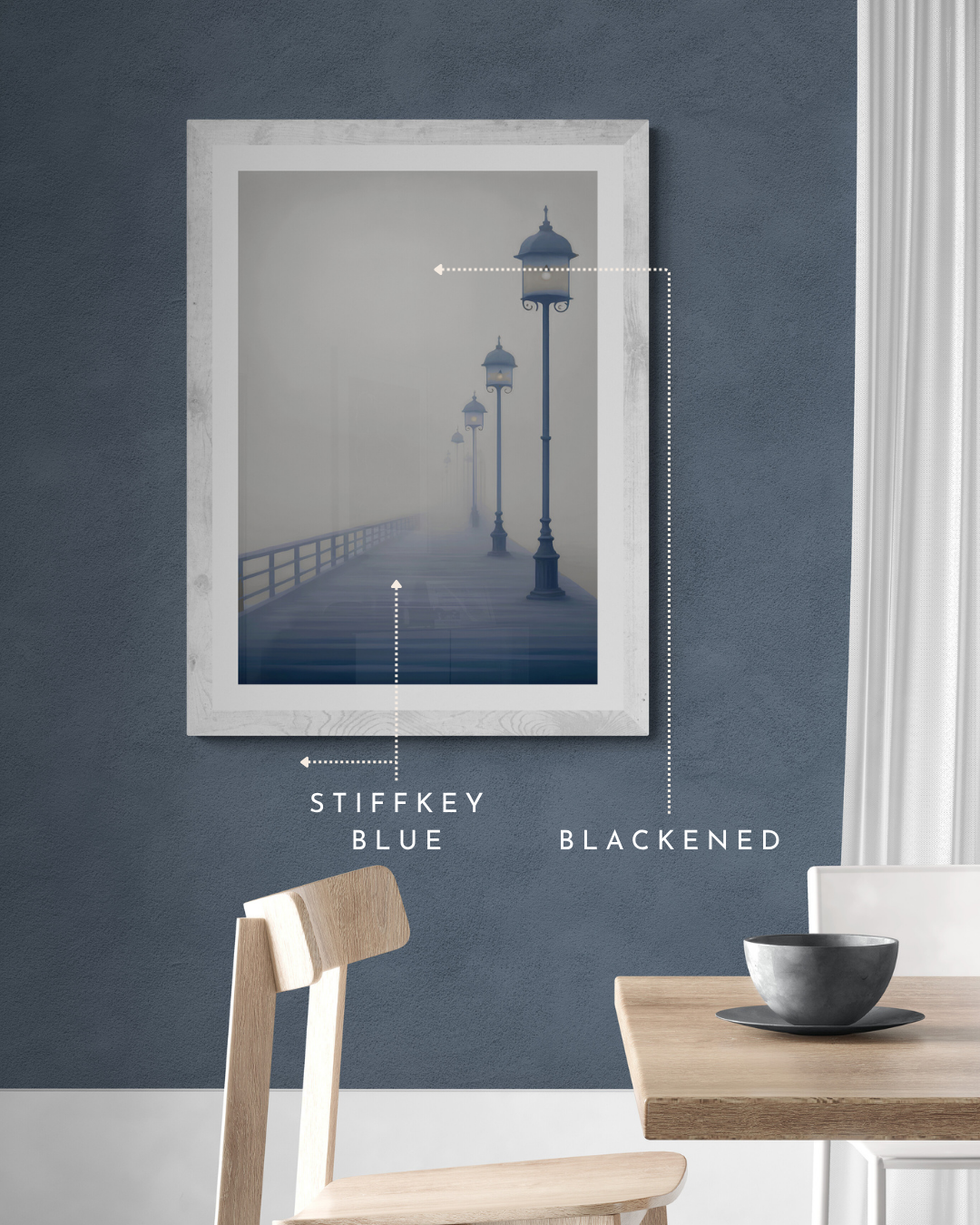 moody pier poster, misty print, stormy, weather, neutral, calming print, farrow and ball, paint matched prints, blue walls