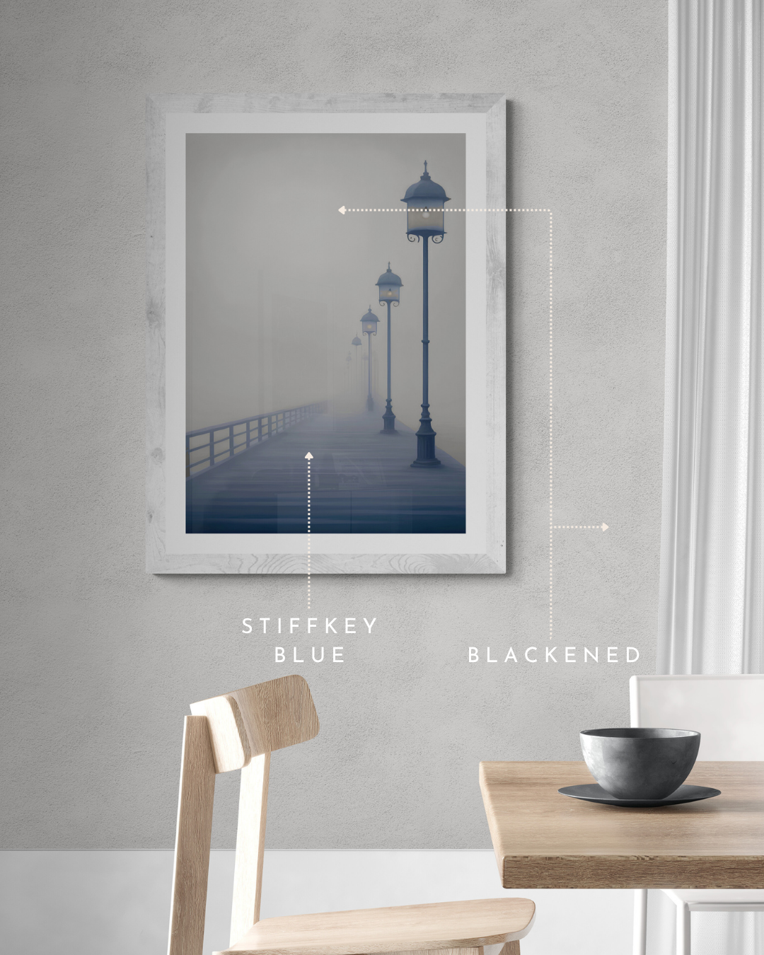 moody pier poster, misty print, stormy, weather, neutral, calming print, farrow and ball, paint matched prints, grey walls