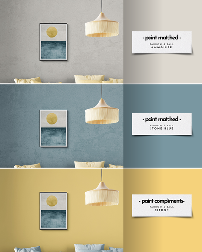 modern coastal wall art, calming ocean print, boho ocean, farrow and ball, paint matched prints, yellow, stone, blue