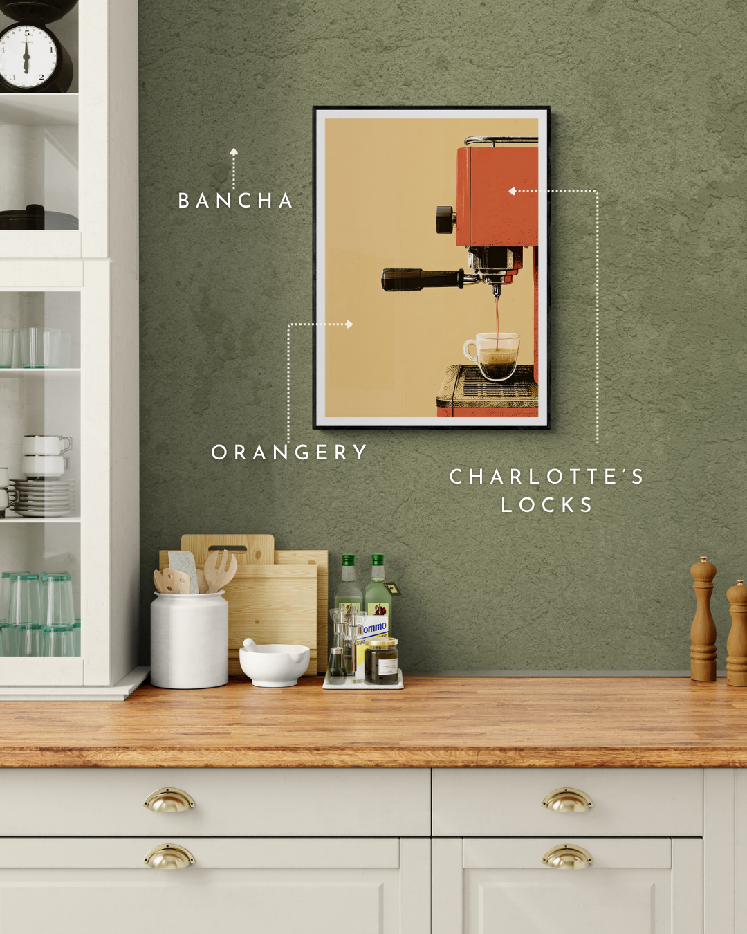 retro coffee poster, coffee print, vintage coffee, retro print, bold wall decor, colour matched, farrow and ball, green walls, bancha walls