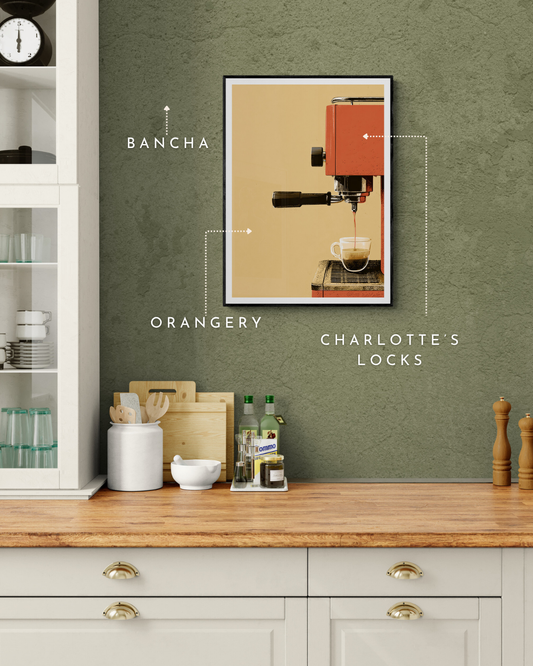 retro coffee poster, coffee print, vintage coffee, retro print, bold wall decor, colour matched, farrow and ball, green walls, bancha walls