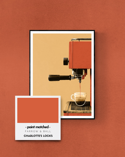 retro coffee poster, coffee print, vintage coffee, retro print, bold wall decor, colour matched, farrow and ball, reds, charlottes locks,