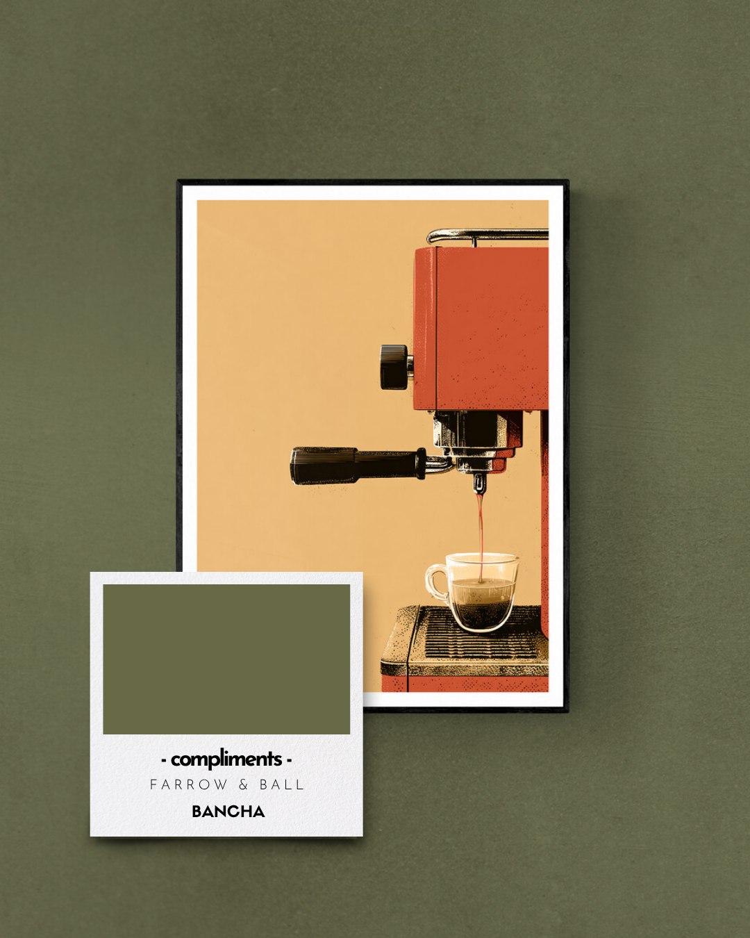 retro coffee poster, coffee print, vintage coffee, retro print, bold wall decor, colour matched, farrow and ball, greens, bancha