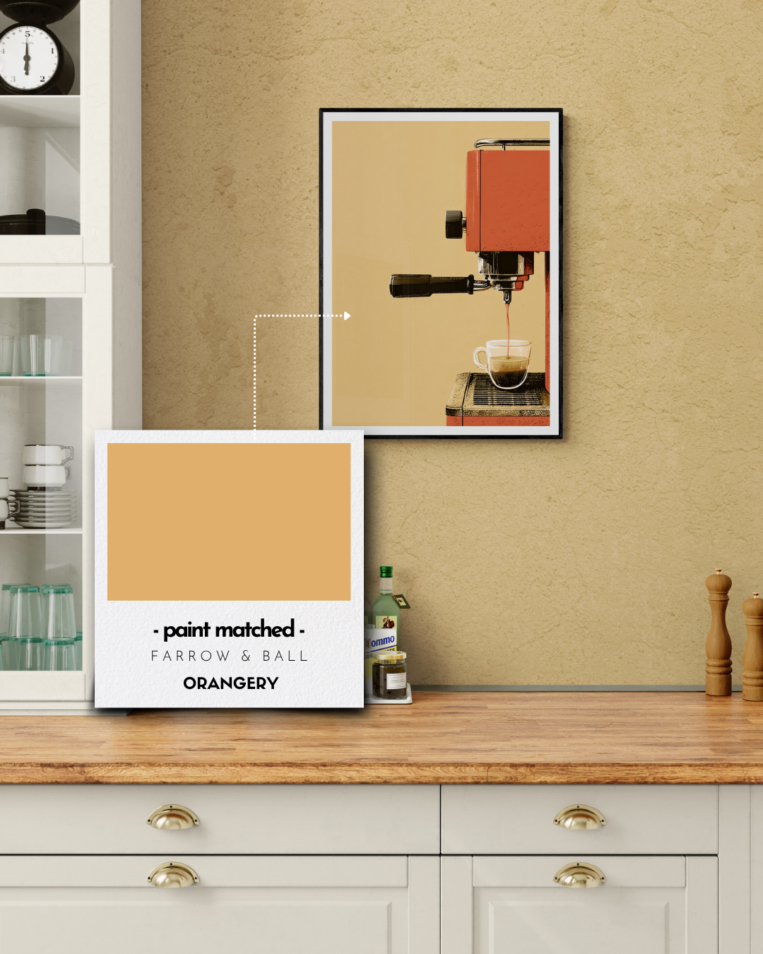 retro coffee poster, coffee print, vintage coffee, retro print, bold wall decor, colour matched, farrow and ball, yellow walls, orangery walls