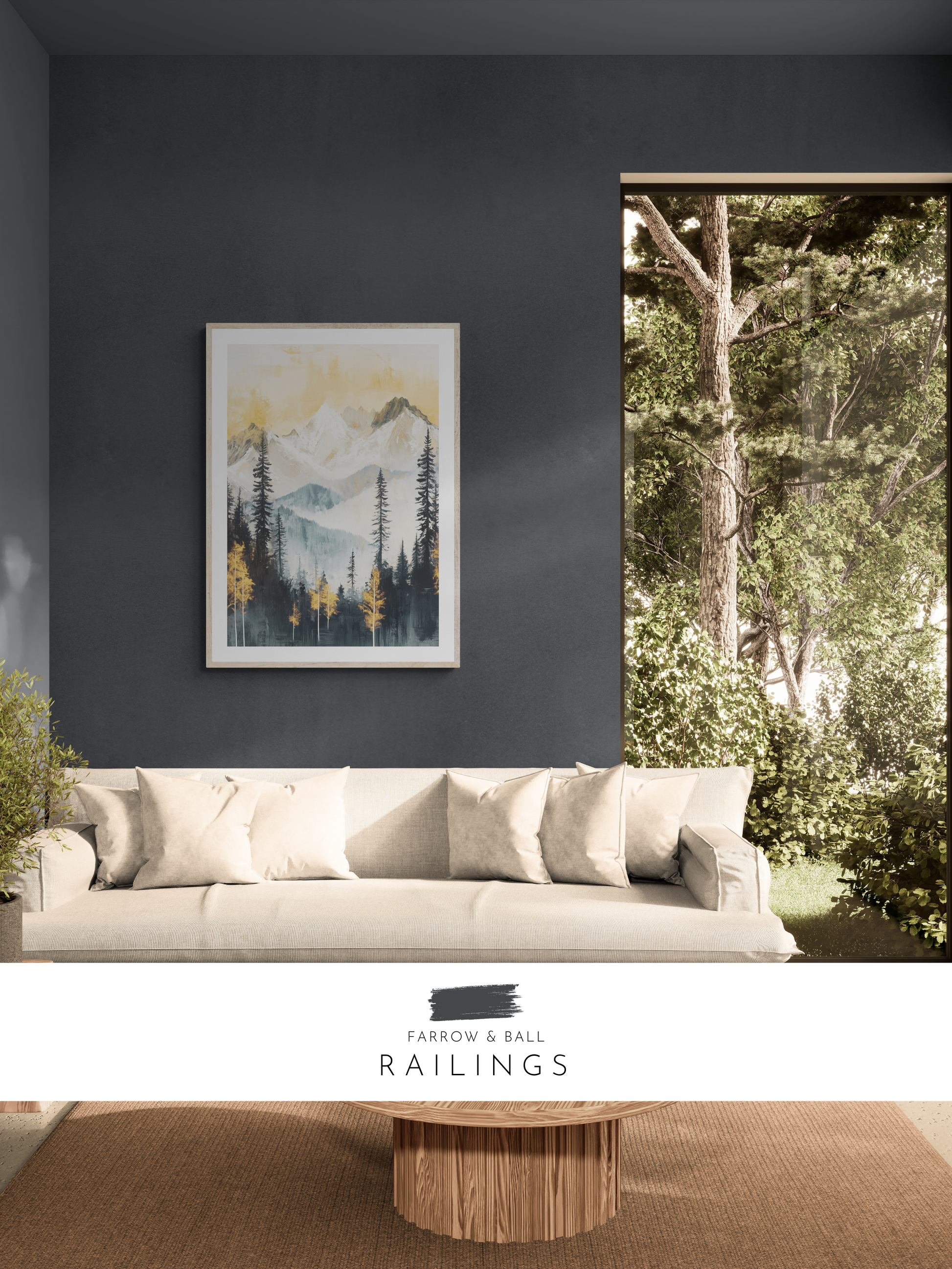 mountainscape, stylish lounge, living room print, modern, farrow & ball, moody, black