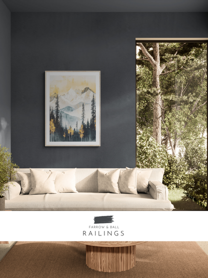 mountainscape, stylish lounge, living room print, modern, farrow & ball, moody, black