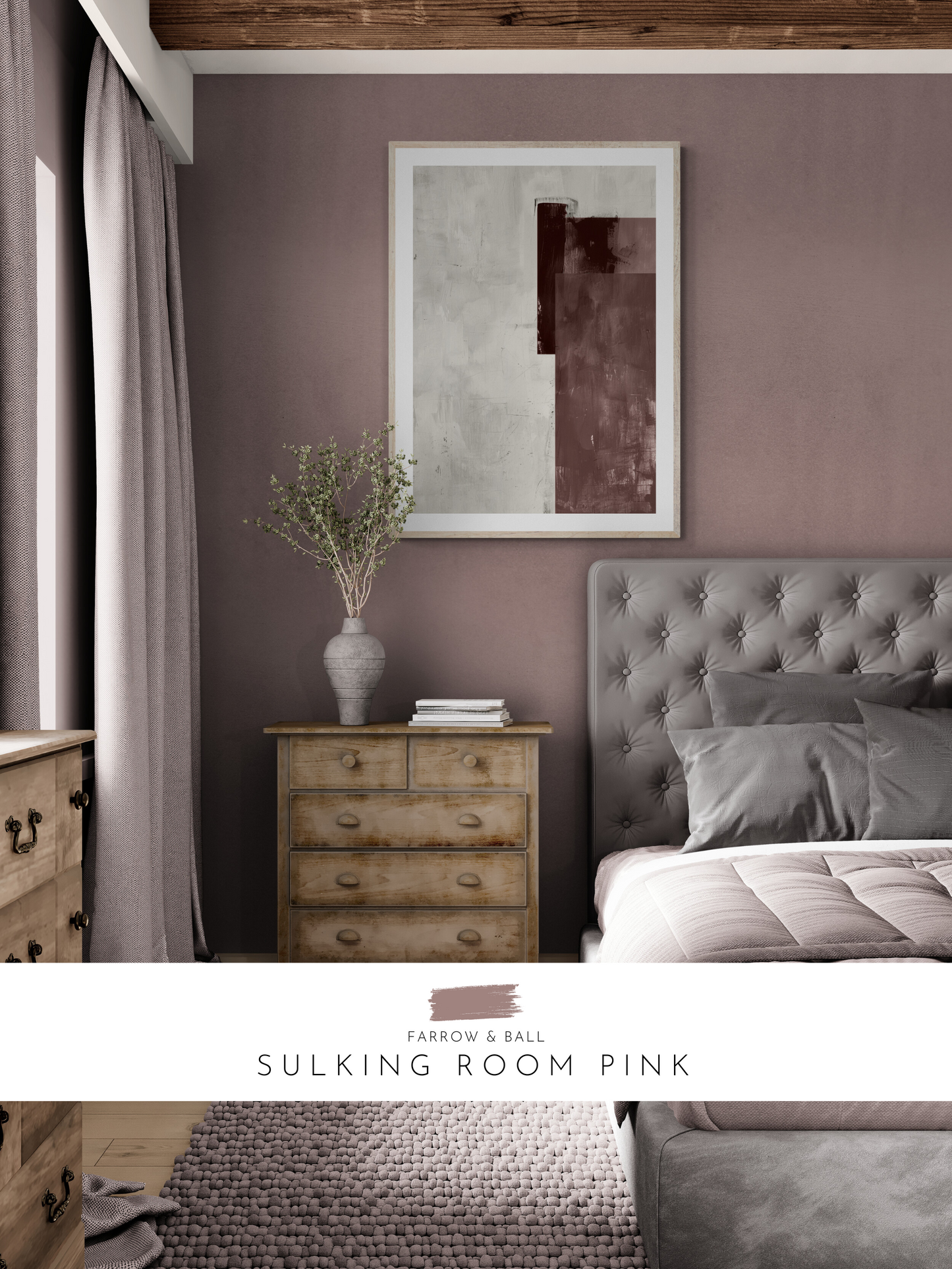 stylish bedroom, pink walls, feminine decor, cozy bedroom, 