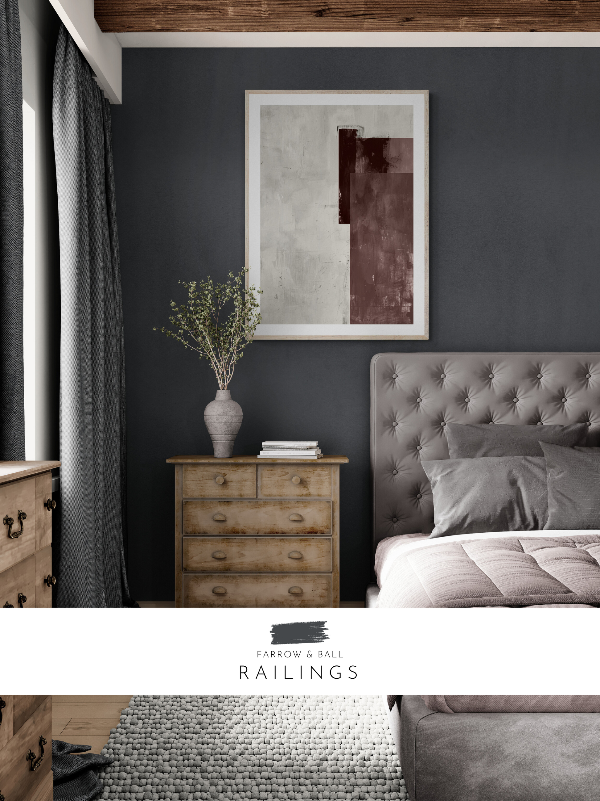 stylish bedroom, dark walls, moody decor, cozy bedroom, black walls, grey walls