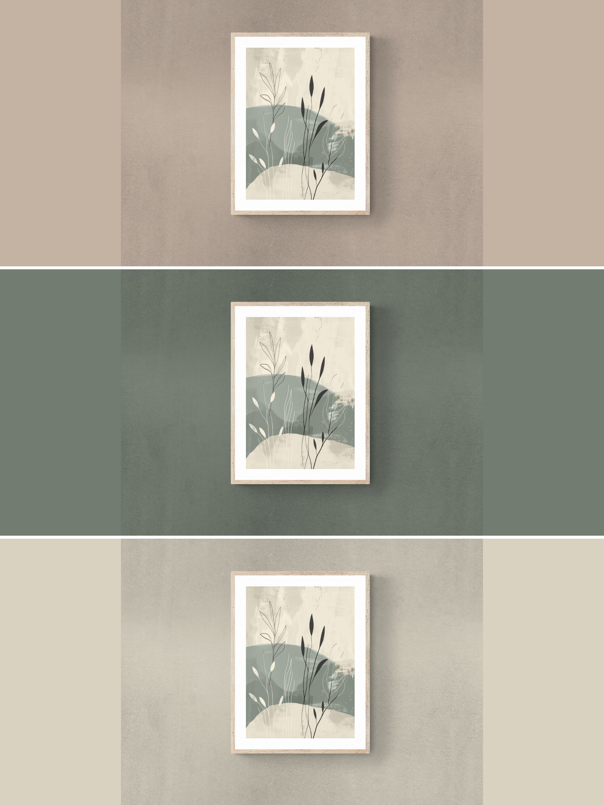 stylish foliage art, green walls, brown walls, warm neutral walls,