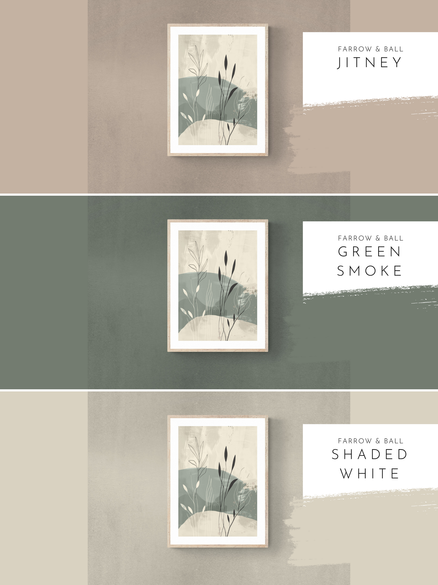 stylish foliage art, green walls, brown walls, warm neutral walls,