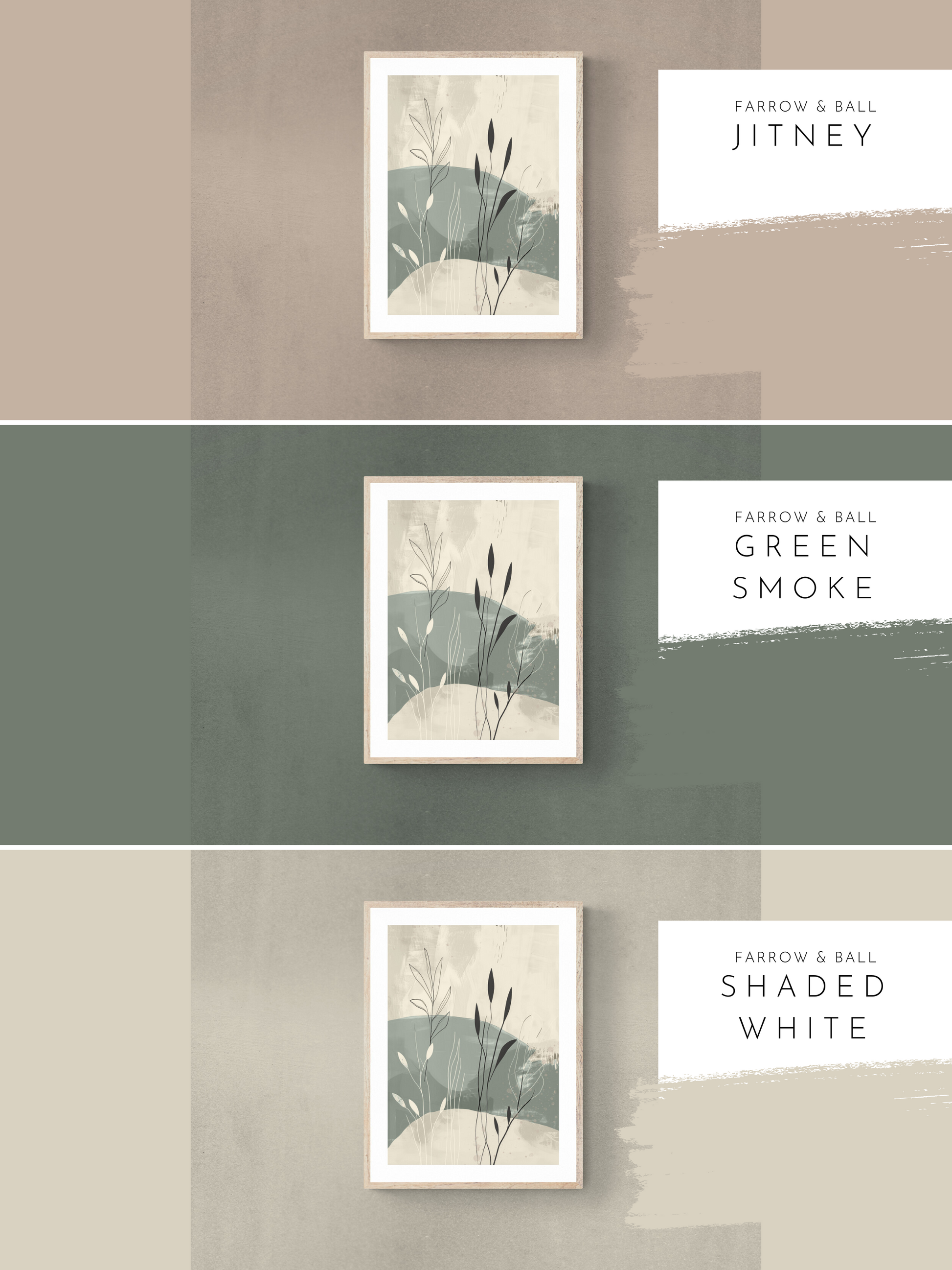 stylish foliage art, green walls, brown walls, warm neutral walls,