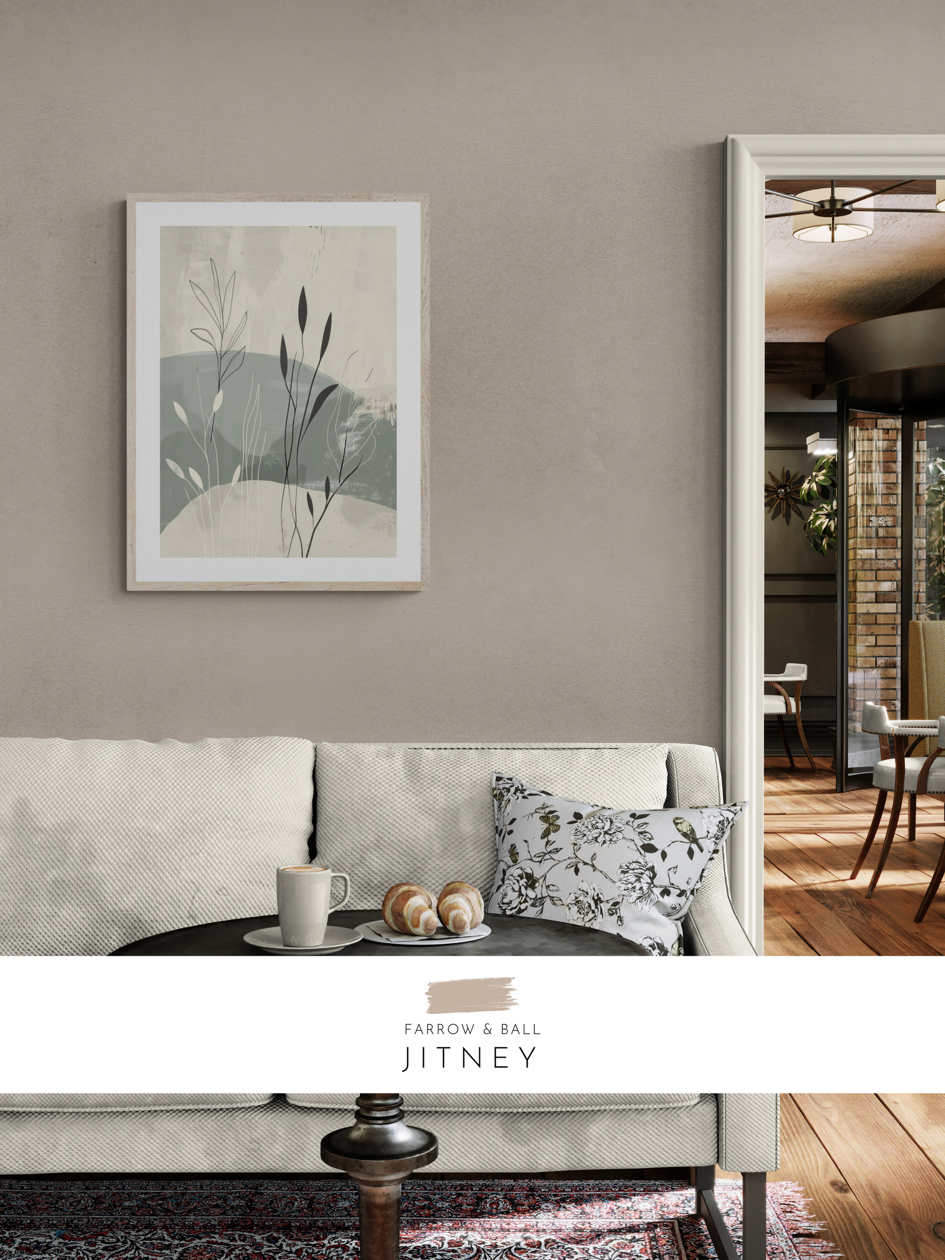 stylish foliage art, browns, neutral lounge, cozy decor, fresh interior, brown walls