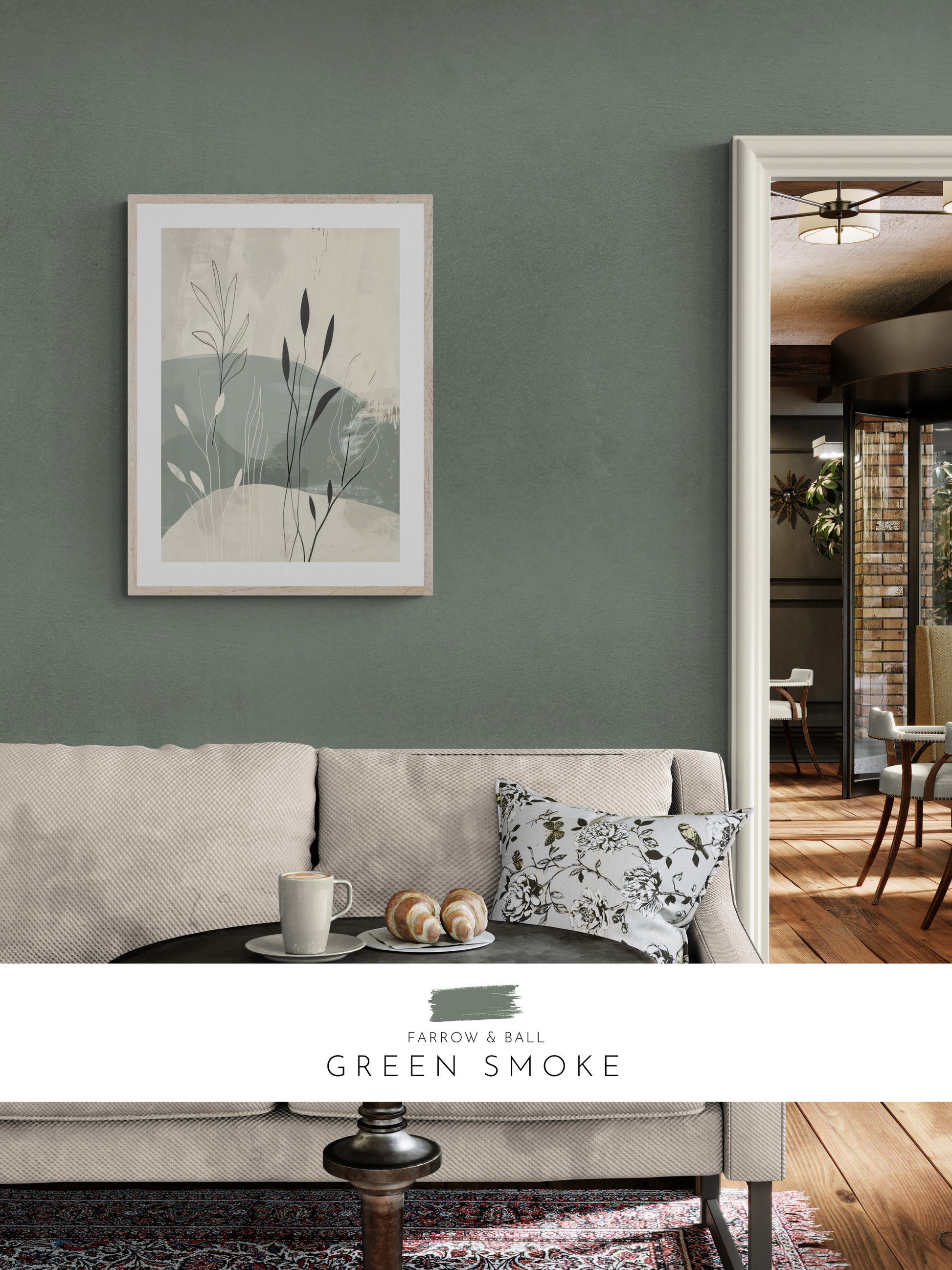 stylish lounge decor, moody interior, green walls, 